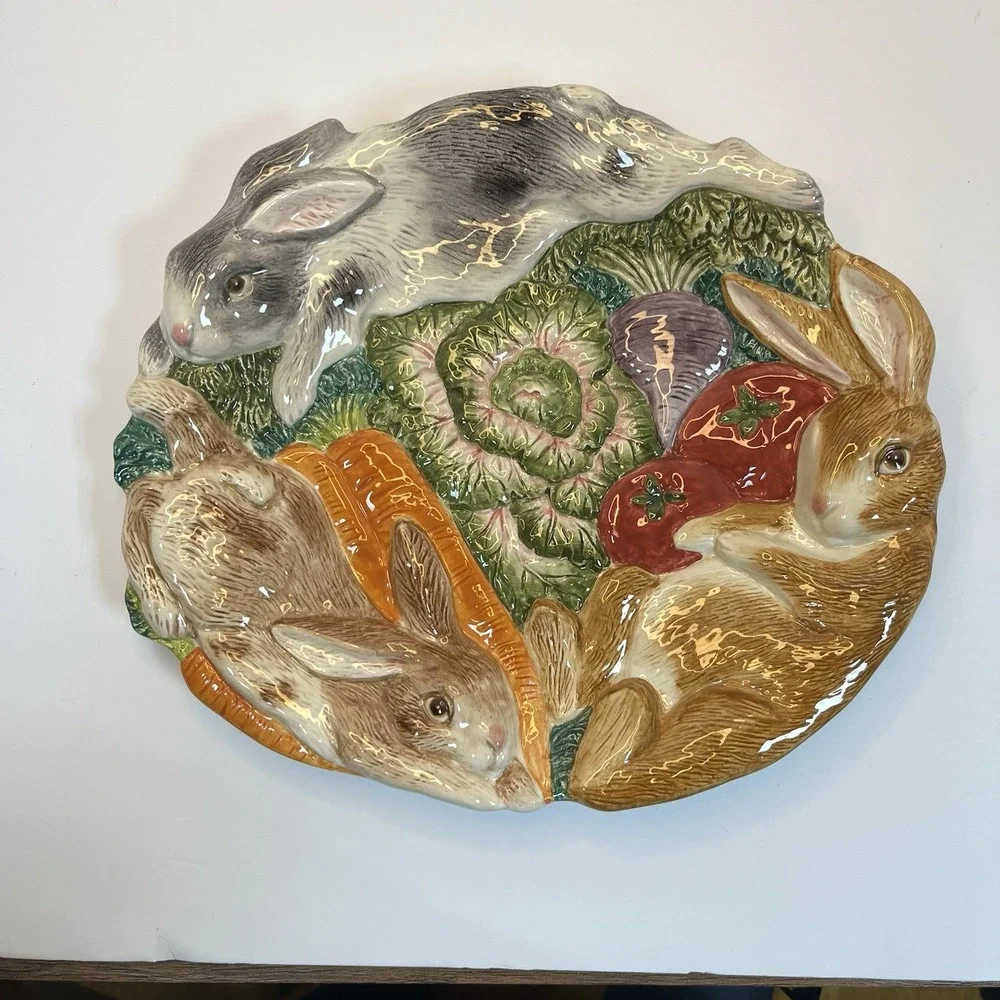 Fitz & Floyd Round Serving Platter English Garden‎ Bunnies Veggies Decorative